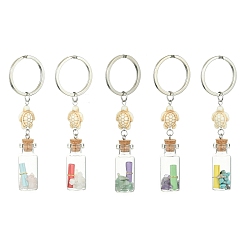Mixed Stone Wishing Bottle Glass Pendant Keychains, with Gemstone Chips Beads & Paper Slip Rolls inside and Synthetic Turquoise Sea Turtle, Iron Split Key Rings , 9.8~9.9cm