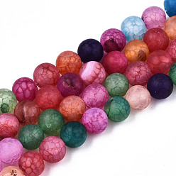Colorful Natural Crackle Agate Beads Strands, Frosted, Dyed & Heated, Round, Colorful, 6mm, Hole: 0.8mm, about 63pcs/strand, 14.96 inch(38cm)