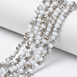 Floral White Electroplate Opaque Glass Beads Strands, Half Gray Plated, Faceted, Rondelle, Floral White, 10x8mm, Hole: 1mm, about 62pcs/strand, 22.05 inch(56cm)