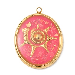 Светло-Вишневый 304 подвески из нержавеющей стали, эпоксидной смолы, с натуральными ракушками и пайетками внутри, овальные с подвесками в форме ракушек, реальный 18 k позолоченный, вакуумное покрытие pvd, светло-вишневый, 25x19.5x3 мм, отверстие : 1.5 мм