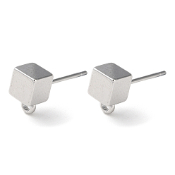 Real Platinum Plated Brass Stud Earring Findings, with Horizontal Loop, Cube, Real Platinum Plated, 8x5mm, Hole: 1.5mm, Pin: 0.7mm