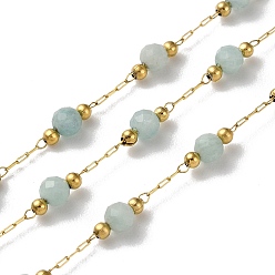 Amazonite Ion Plating(IP) Real 18K Gold Plated 316 Stainless Steel Paperclip Chains, with Faceted Round Natural Amazonite Beaded, with Spool, Soldered, 3mm