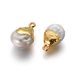 Golden Natural Cultured Freshwater Pearl Pendants, with Brass Findings, teardrop, Golden, 19~25x12~15x6~9mm, Hole: 1.8mm