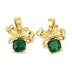 Зеленый Латунные микро проложить кубического циркония подвески, квадрат с бантом, стойки покрытие, долговечный, без кадмия и без свинца, золотые, зелёные, 15x15x4.5 мм, отверстие : 3x6 мм