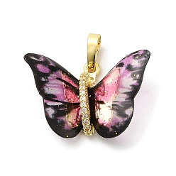 Flamingo Brass Pendants, with Cubic Zirconia, Film, Long-Lasting Plated, Lead Free & Cadmium Free, Real 18K Gold Plated, Butterfly, Flamingo, 16~17x23~14x6mm, Hole: 6x3.5mm