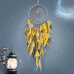 Gold Woven Web/Net with Feather Decorations, with Iron Ring and Natural Gemstone, Star Charm for Home Bedroom Hanging Decorations, Gold, 720mm