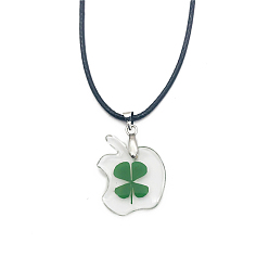 Apple Resin with Clover Pendant Necklace with Waxed Cotton Cord for Women, Apple Pattern, Pendant: 10~35mm