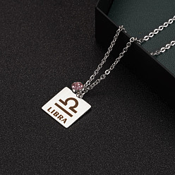 Libra Constellation Rectangle Pendant Necklace, 201 Stainless Steel Square with Rhinestone Pendant Necklace for Men Women, Libra, 17.72 inch(45cm)
