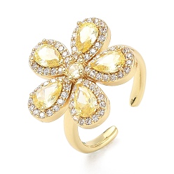 Желтый Кольца-манжеты из цветочной латуни с микропаве из кубического циркония для женщин, без кадмия и без свинца, стойки покрытие, реальный 18 k позолоченный, желтые, 19.5x20.5 мм, внутренний диаметр: 17.2 мм