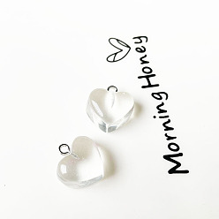 Clear Transparent Resin Pendants, with Platinum Tone Metal Loops, Heart, Clear, 16x18x10mm