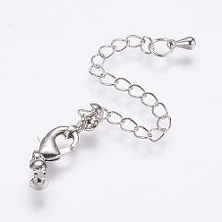 Real Platinum Plated Long-Lasting Plated Brass Chain Extender, with Lobster Claw Clasps and Bead Tips, Real Platinum Plated, Real Platinum Plated, 20mm, Extend Chain: 69mm, Bead Tips: 8x3.5mm, Inner: 3mm, Clasps: 12x6x2.5mm,