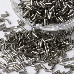 Gray Silver Lined Glass Bugle Beads, Round Hole, Gray, 6~7x1.5~2mm, Hole: 0.5mm, about 12500pcs/bag