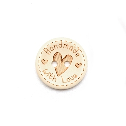 Wheat Wooden Buttons, 2-Hole, Round with Sculpture Word Handmade with Love, Wheat, 19.5x4mm, Hole: 2mm