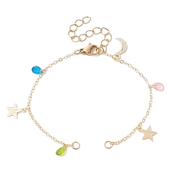 Colorful Star & Moon Brass Link Chain Bracelet Making, with Glass Teardrop, Lobster Claw Clasps, Fit for Connector Charms, Colorful, 6-1/2 inch(16.4cm)