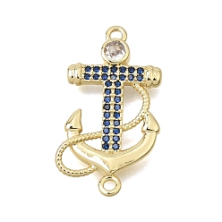 Azul Dijes de conector de zirconia cúbica micro pavé de latón, enlaces ancla, larga duración plateado, sin plomo y cadmio, real 18 k chapado en oro, azul, 24x13.5x2.5 mm, agujero: 1.2 mm
