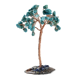 Synthetic Turquoise Synthetic Turquoise Chips Tree Display Decorations, with Brass Wire Wrapped Feng Shui Ornament for Fortune, 112~125x68~85x34~47mm
