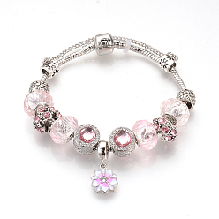 Light Rose European Bracelets, with Tibetan Style Alloy Rhinestone Enamel Beads, Resin Beads, Brass Chains and Safety Chains, Antique Silver, Flower, Light Rose, 7-7/8 inch(200mm)