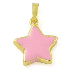Pink Подвески из латуни с эмалью в стойку, долговечный, без свинца и без кадмия, реальный 18 k позолоченный, звезда очарование, розовые, 17x15x4 мм, отверстие : 3x5 мм