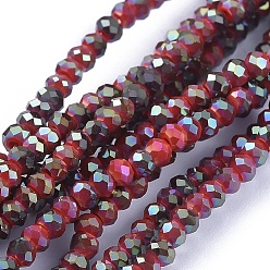 Red Electroplate Glass Beads Strands, Full Rainbow Plated, Faceted, Rondelle, Red, 2.5x1mm, Hole: 0.5mm, about 185~190pcs/strand, 13 inch(33cm)