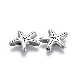 Thai Sterling Silver Plated Tibetan Style Alloy Beads, Lead Free & Nickel Free & Cadmium Free, Starfish/Sea Stars, Thailand Sterling Silver Plated, 14x14x3.5mm, Hole: 1.2mm