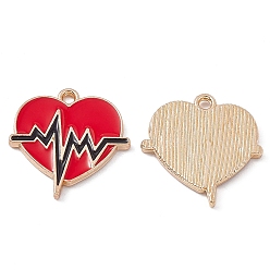 Red Alloy Enamel Pendants, Light Gold, Heart with Heartbeat Charm, Red, 21x20x2mm, Hole: 1.6mm