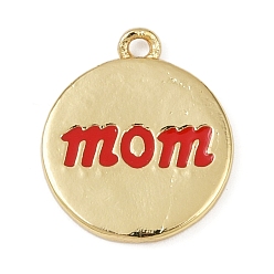 (123L) Белый крем непрозрачный блеск Латунные эмалевые подвески на день матери, Плоский круглый шарм со словом «мама», без свинца и без кадмия, долговечный, стойки покрытие, реальный 18 k позолоченный, огнеупорный кирпич, 15x13x2 мм, отверстие : 1.2 мм