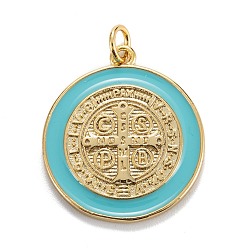Blue Brass Enamel Pendants, Real 18K Gold Plated, Long-Lasting Plated, Saint Benedict Medal Charms, Blue, 23x20.5x2mm, Hole: 3mm, Jump Ring: 5x0.8mm