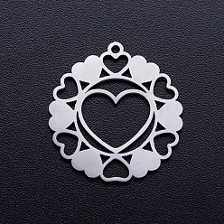 Stainless Steel Color 201 Stainless Steel Pendants, Flower with Heart, Stainless Steel Color, 21x20x1mm, Hole: 1.2mm