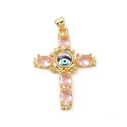 Misty Rose Rack Plating Brass Pendants, with Glass Cubic Zirconia, Resin Eye, Religion Cross Charm, Cadmium Free & Lead Free, Long-Lasting Plated, Real 18K Gold Plated, Misty Rose, 38x27x5mm, Hole: 5x3mm