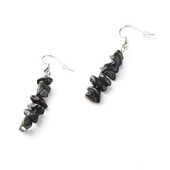 Obsidian Natural Obsidian Chip Beads Dangle Earrings, Brass Jewelry for Girl Women, Platinum, 53.5~54.5mm, Pin: 0.5mm