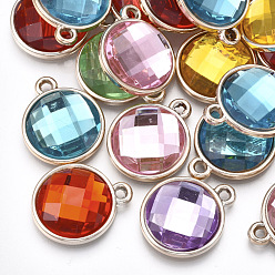 Mixed Color UV Plating Acrylic Pendants, with Acrylic Rhinestone, Faceted, Flat Round, Light Gold, Mixed Color, 22x18x5.5mm, Hole: 2mm