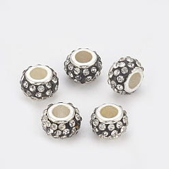 Clair Fait main plastique ccb argile polymère strass perles européennes, Perles avec un grand trou   , rondelle, clair, 11x7.5mm, Trou: 5mm