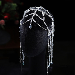 Platinum Glass Bead Head Chain, Alloy Chain Wedding Headpiece Hair Jewelry for Women and Girls Decoration, Platinum, 2100x1500mm