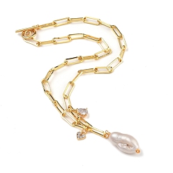 Plaqué 18K Or Véritable Colliers à pendentif perle keshi perle baroque naturelle, avec coeur et larme, laiton charmes zircons, réel 18 k plaqué or, 17.12 pouce (43.5 cm)