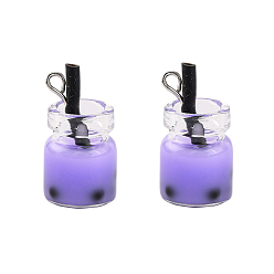 Lilac Glass Bottle Pendants, with Resin Inside and Iron Findings, Imitation Bubble Tea/Boba Milk Tea, Lilac, 20~25x11~14x11mm, Hole: 1.8mm