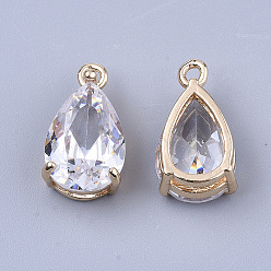 Clear Transparent Glass Charms, with Brass Findings, Faceted, Teardrop, Light Gold, Clear, 15x8x6mm, Hole: 1.2mm