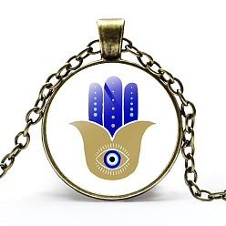 Hamsa Hand Alloy Cable Chain Necklaces, Glass Pendant Necklaces for Sweater, Antique Bronze, Evil Eye, Hamsa Hand, 21-5/8 inch(55cm)