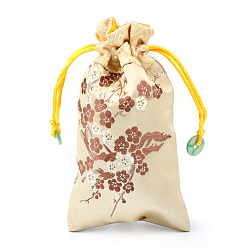 Bisque Chinese Style Silk Drawstring Jewelry Gift Bags, Jewelry Storage Pouches for Cell Phone, Rectangle with Plum Bossom Flower Pattern, Bisque, 15x9cm