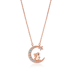 Rabbit Chinese Zodiac Necklace Rabbit Necklace 925 Sterling Silver Rose Gold Bunny on the Moon Pendant Charm Necklace Zircon Moon and Star Necklace Cute Animal Jewelry Gifts for Women, Rabbit, 15 inch(38cm)