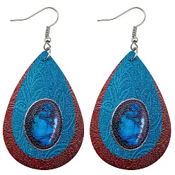Dark Turquoise Imitation Leather Teardrop Dangle Earrings, Bohemia StyleEarrings for Women, Dark Turquoise, 78x38mm