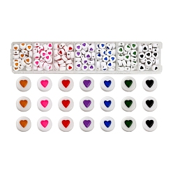 Colorful 7 Colors Opaque Acrylic Beads, with Enamel, Flat Round with Heart, Colorful, 6.5x7x3.5mm, hole: 1.8mm, 35-38pc/colors, 245~266Pcs