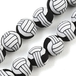 Black Handmade Polymer Clay Beads Strands, Round with Volleyball, Black, 8mm, Hole: 1.2mm, about 40pcs/strand, 12.20''(31cm)
