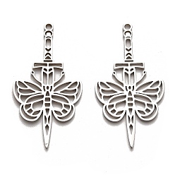 Stainless Steel Color 304 Stainless Steel Pendants, Laser Cut, Sword with Butterfly Charm, Stainless Steel Color, 43x22.5x1.5mm, Hole: 1.8mm