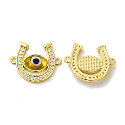 Yellow Rack Plating Real 18K Gold Plated Brass Micro Pave Clear Cubic Zirconia Connector Charms, Horseshoe Links, with Handmade Evil Eye Lampwork, Cadmium Free & Lead Free, Long-Lasting, Yellow, 18.5x23x4mm, Hole: 1.5mm