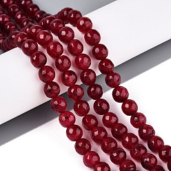 FireBrick Dyed Natural White Jade Beads Strands, Round, Faceted, FireBrick, 8mm, Hole: 0.9mm, about 49~50pcs/strand, 37~38cm