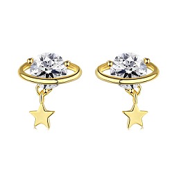 Real 18K Gold Plated 925 Sterling Silver Micro Pave Cubic Zirconia Ear Studs for Women, Star Dangle Earrings with S925 Stamp, Real 18K Gold Plated, 9x8.5mm