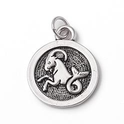 Capricorn Brass Pendants, with Jump Rings, Long-Lasting Plated, Flat Round with 12 Constellation/Zodiac Sign, Antique Silver, Capricorn, 18.5x15x2mm, Jump Ring: 5x0.7mm, Inner Diameter: 3.6mm