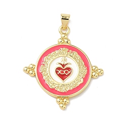 Ярко-Розовый Латунь эмаль подвески, Плоский круглый подвесной медальон в виде священного сердца, долговечный, без кадмия и без свинца, стойки покрытие, реальный 18 k позолоченный, ярко-розовый, 33x30x2 мм, отверстие : 3.5x5 мм