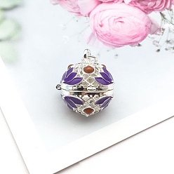 Medium Purple Brass Enamel Hollow Bead Cage Pendants, Round with Lotus Flower Charm, for Chime Ball Pendant Necklaces Making, Medium Purple, 18x15mm