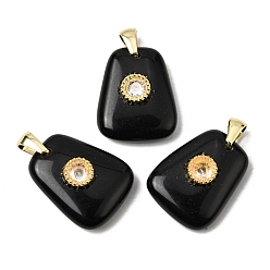 Обсидиан Природные подвески обсидиана, Трапециевидные подвески с латунной инкрустацией из прозрачных кубических цирконий., золотые, стойки покрытие, 21.5x17~17.5x8 мм, отверстие : 3.5x4.3 мм